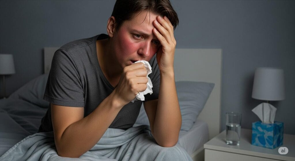 A person with a cough in a hospital, possibly showing Legionnaires’ disease symptoms.