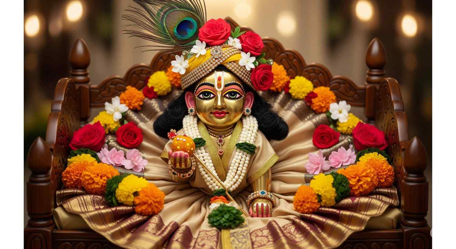 কৃষ্ণ জন্মাষ্টমী উদযাপনের জন্য ফুল এবং ময়ূরের পালক দিয়ে সাজানো একটি দোলনায় শিশু কৃষ্ণের একটি প্রতিমা।