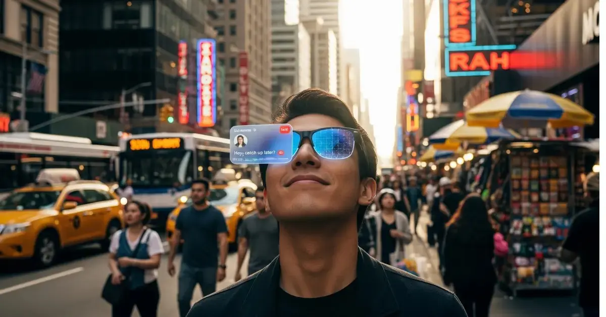 A person wearing Meta's Hypernova glasses on a city street, with a notification discreetly visible on the lens.