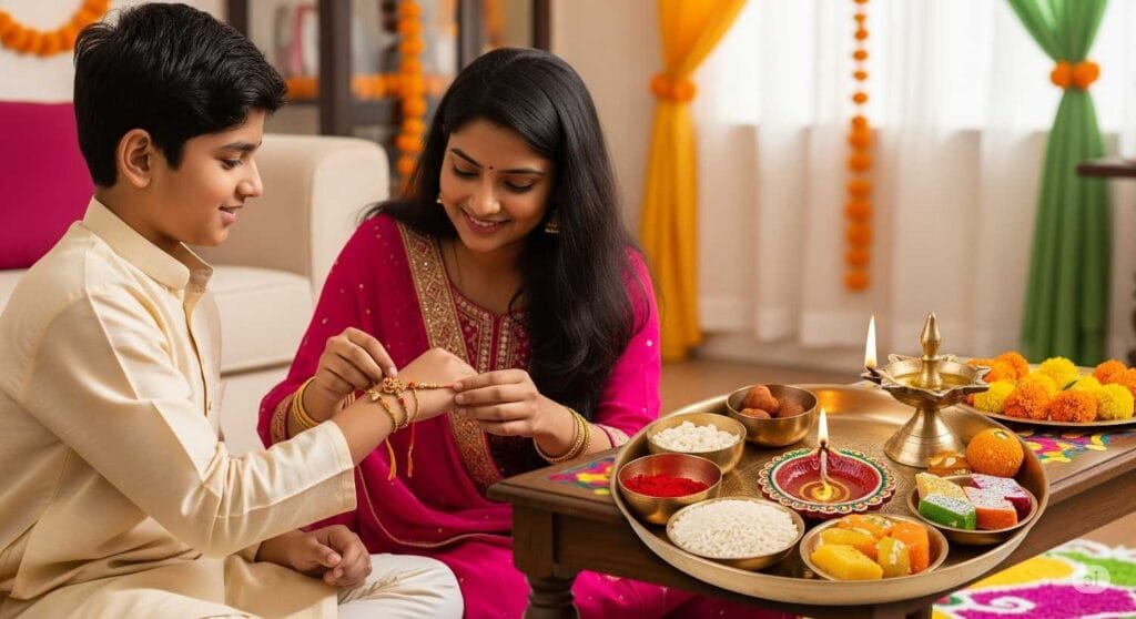 Sister tying rakhi on brother’s wrist during Raksha Bandhan 2025 celebration.