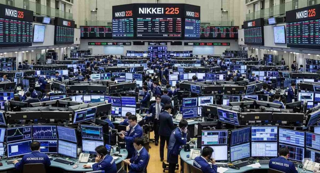 Digital Nikkei 225 stock tickers glowing in Tokyo’s futuristic skyline.