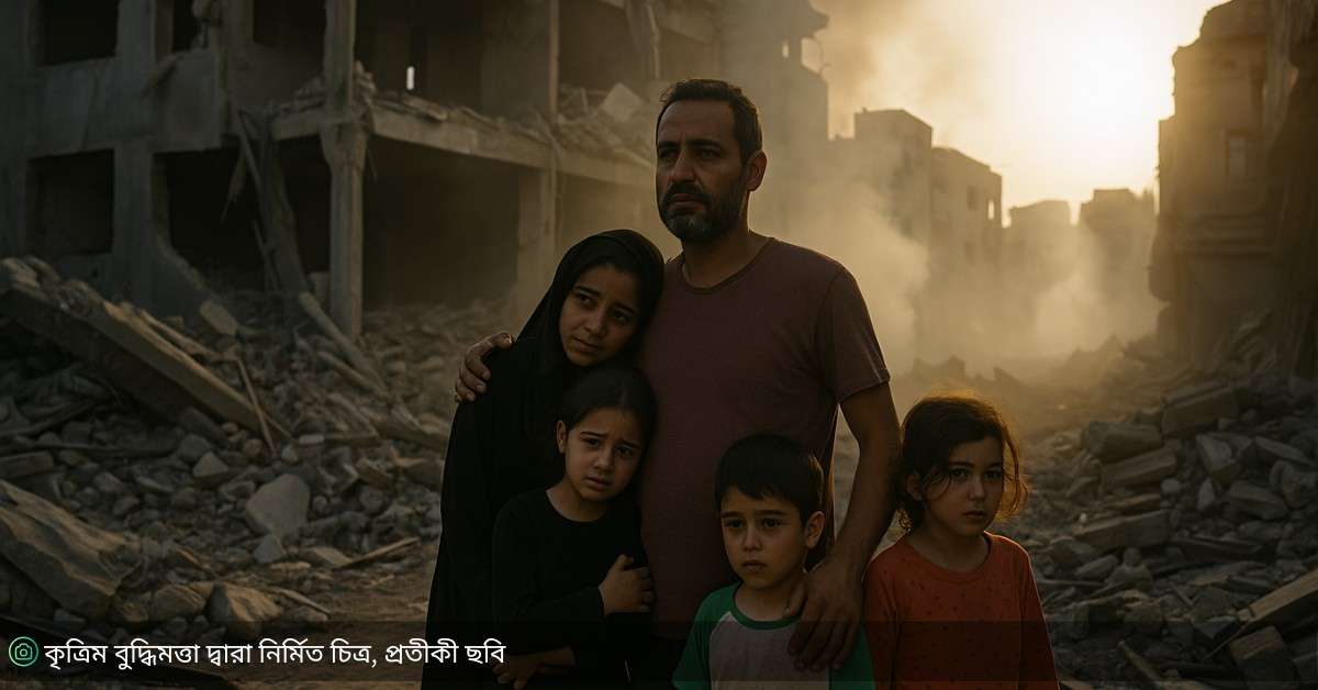 গাজা বাস্তুহারা পরিবার ধ্বংসপ্রাপ্ত বাড়ির সামনে